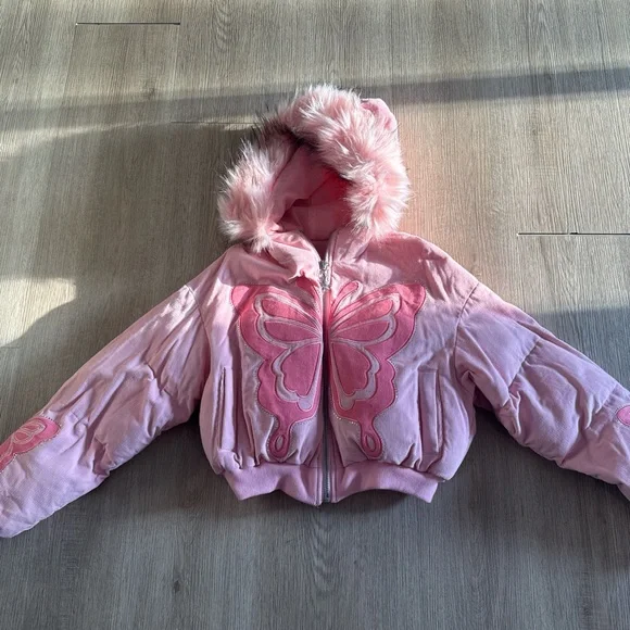 Dolls Kill Pink Faux Fur Hood Butterfly Bomber Jacket - Picture 3 of 8